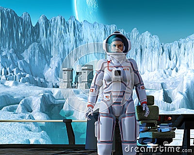 Astronaut on alien planetary system, space base near mountains, ice and river, 3d illustration Cartoon Illustration