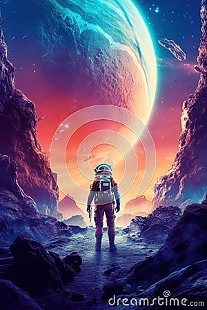 Astronaut alone on alien planet. Generative AI Stock Photo