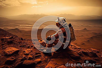 Astronaut alone on alien planet. Generative AI Stock Photo