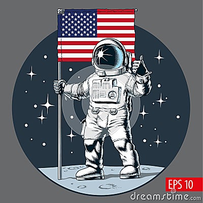 Astronaut with american flag stands on moon. Vector illustration Vector Illustration