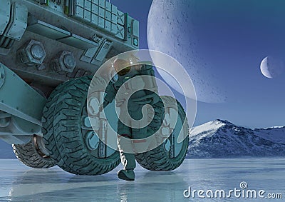 Astronaut in another planet is cheking the terrain close up view Cartoon Illustration