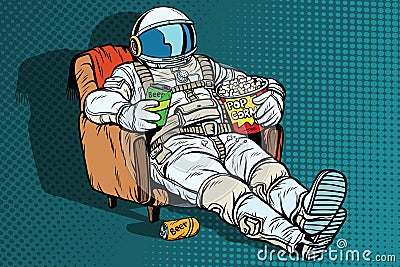 Astronaut the audience with beer and popcorn sitting in a chair Vector Illustration