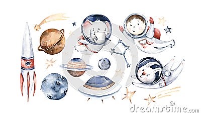 Astronaut baby boy girl elephant, fox cat and bunny, space suit, cosmonaut stars, planet, moon, rocket and shuttle isolated Cartoon Illustration