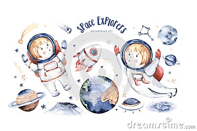 Astronaut baby boy girl elephant, fox cat and bunny, space suit, cosmonaut stars, planet, moon, rocket and shuttle isolated Cartoon Illustration