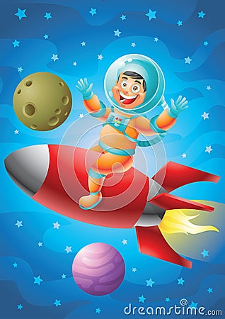 Astronaut boy riding red rocket ship, outer space background Vector Illustration