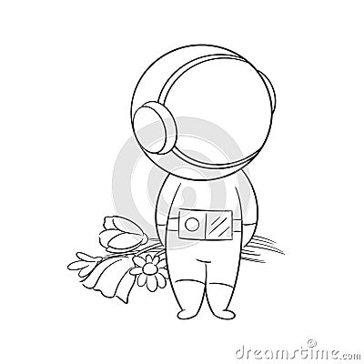 Astronaut carrying a wreath in hand for coloring Vector Illustration