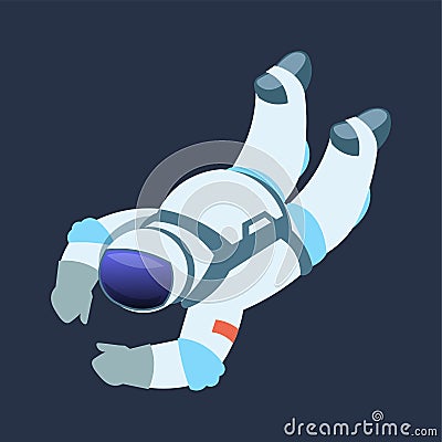 Astronaut. Cartoon cosmonaut drifts in zero gravity space. Spaceman in open cosmos. Galaxy explorer wears spacesuit with Vector Illustration