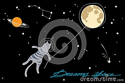 Astronaut cat flies to the moon in space. Sky with stars, planet. Flat style Vector Illustration