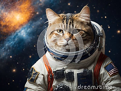Astronaut cat in spacesuit against the background of the planet. Generative AI Stock Photo