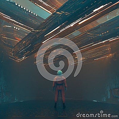 Astronaut standing in a futuristic city with neon lights. Cartoon Illustration