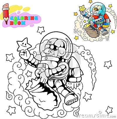 Astronaut collects stars in space, coloring book, funny illustration Vector Illustration