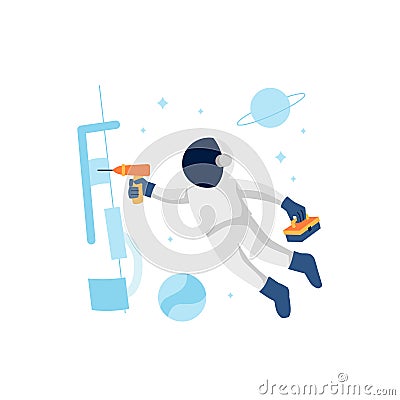 Astronaut or Cosmonaut repair satellite or spaceship with floating at space for under construction error page empty state Cartoon Illustration
