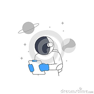 Astronaut or cosmonaut at space planet holding clipboard report for metaphor support or costumer service error page for empty Cartoon Illustration