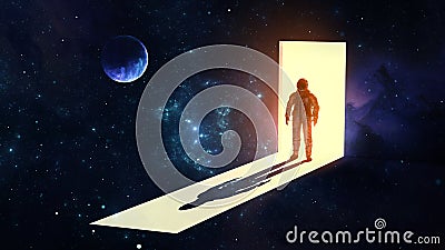 Astronaut cosmonaut stands in doorway from light into darkness of space. Silhouette of man in spacesuit, shadow, portal to the Cartoon Illustration