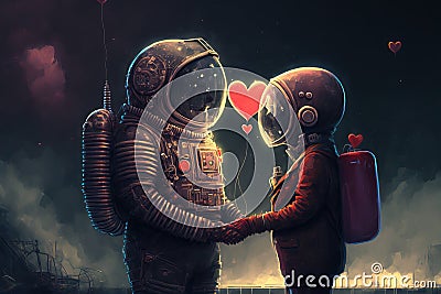 Astronaut couple in love on a Valentines Day date in space. Generative AI. Stock Photo