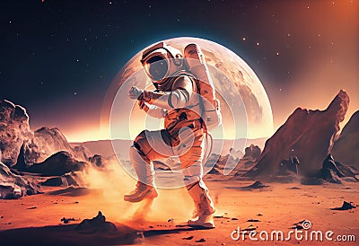 Astronaut dancing hip hop on the expanse Cartoon Illustration