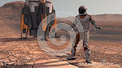 Astronaut dancing on Mars red planet. Exploring Mission To Mars. Futuristic Colonization and Space Exploration Concept. Colony on Stock Photo