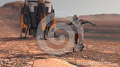 Astronaut dancing on Mars red planet. Exploring Mission To Mars. Futuristic Colonization and Space Exploration Concept. Colony on Stock Photo