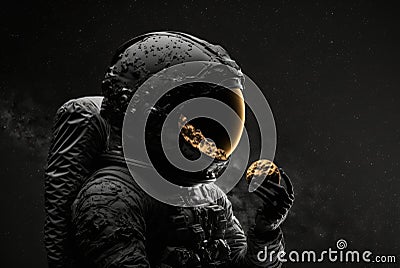 An astronaut in dark space, surrounded by gray nebulae, holding a small planet in his hands Cartoon Illustration