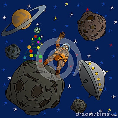Astronaut decorated the Christmas tree and celebrates Christmas. Vector Illustration