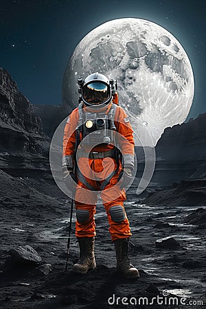 Astronaut in the Deep Space. Full Moon. AI generated Stock Photo