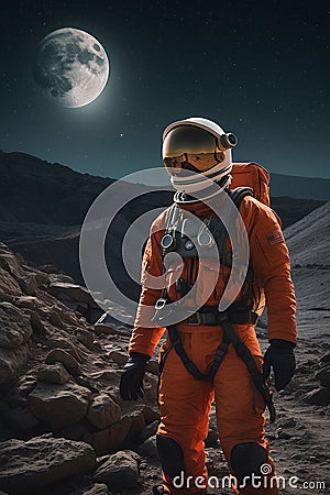 Astronaut in the Deep Space. Full Moon. AI generated Stock Photo