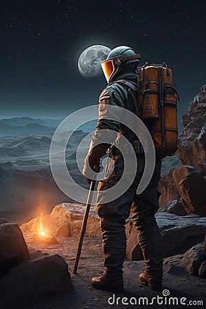 Astronaut in the Deep Space. Full Moon. AI generated Stock Photo