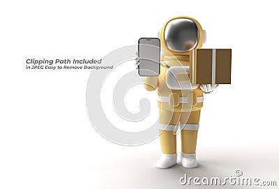 Astronaut Delivering a Package with Mobile Mockup Pen Tool Created Clipping Path Included in JPEG Easy to Composite Stock Photo