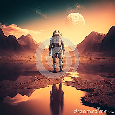 Astronaut deserted on a deserted planet. Ai generated. Stock Photo