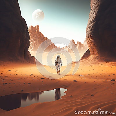Astronaut deserted on a deserted planet. Ai generated. Stock Photo