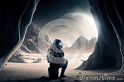 Astronaut on deserted planet in alien world, generative AI Stock Photo