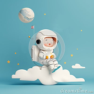 Astronaut in a detailed spacesuit drifting over the moons cratered landscape Stock Photo