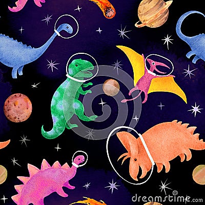 Astronaut dinosaurs in space with planets, stars seamless pattern. Cute spaceman dino in helmets kids design. Watercolor Stock Photo