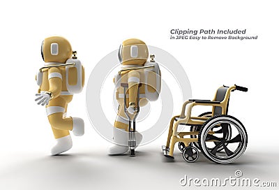 Astronaut Disabled Using Crutches To Walk with Weelchair Pen Tool Created Clipping Path Included in JPEG Easy to Composite Stock Photo