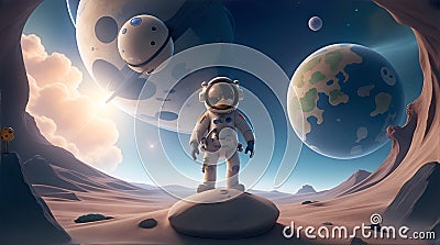 astronaut discovering a new planet full of life, spaceship in the background, planets in the voids of space in the sky, AI Stock Photo