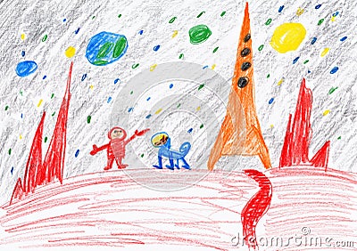 Astronaut and dog exploring the red planet, space concept, child drawing on paper Stock Photo