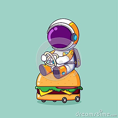 The astronaut is driving a burger car slowly that having a small wheels on it Vector Illustration