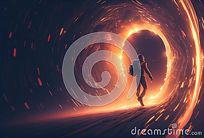 Astronaut is escaping from the void in the space with a warp portal background Science and Technology concept Generative AI Stock Photo