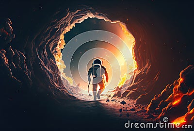 Astronaut is escaping from the void in the space with a warp portal background. Science and Technology concept. Generative AI Stock Photo