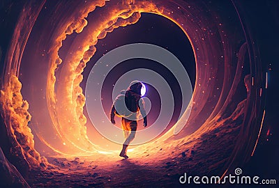Astronaut is escaping from the void in the space with a warp portal background. Science and Technology concept. Generative AI Stock Photo