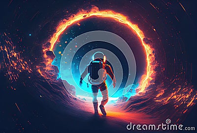 Astronaut is escaping from the void in the space with a warp portal background. Science and Technology concept. Generative AI Stock Photo
