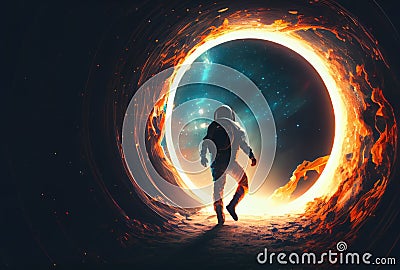 Astronaut is escaping from the void in the space with a warp portal background. Science and Technology concept. Generative AI Stock Photo