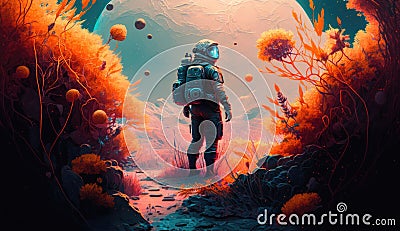 Astronaut explores an alien planet. Starman in space. Colorful abstract astronomy. Stock Photo