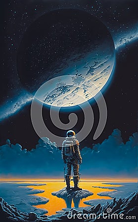 Astronaut explores a planet surface alone, vintage science fiction paperback style art. Generative AI Cartoon Illustration