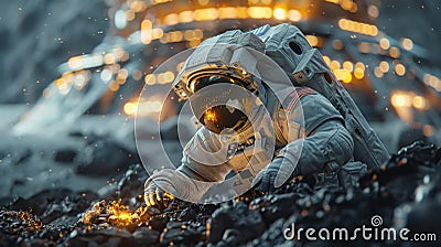 Astronaut exploring alien terrain with glowing rocks - generative ai Stock Photo