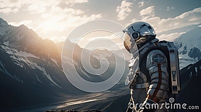 Astronaut exploring an exoplanet. Sci-fi colonist in spacesuit walks on the surface of another planet. People in space Stock Photo