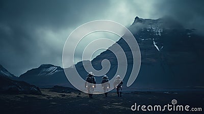 Astronaut exploring an exoplanet. Sci-fi colonist in spacesuit walks on the surface of another planet. People in space Stock Photo