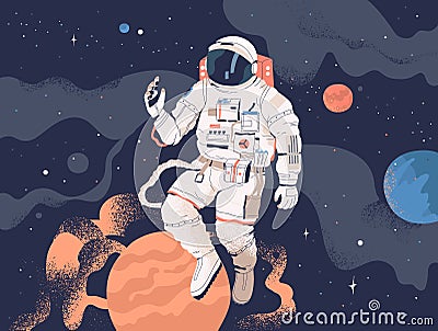 Astronaut exploring outer space. Cosmonaut in spacesuit performing extravehicular activity or spacewalk against stars Vector Illustration