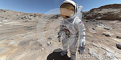 Astronaut exploring rocky terrain on a distant planet in a simulation environment designed to mimic the lunar surface Stock Photo
