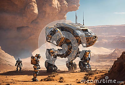 Astronaut with fantastic walking robots on an alien planet expedition Stock Photo